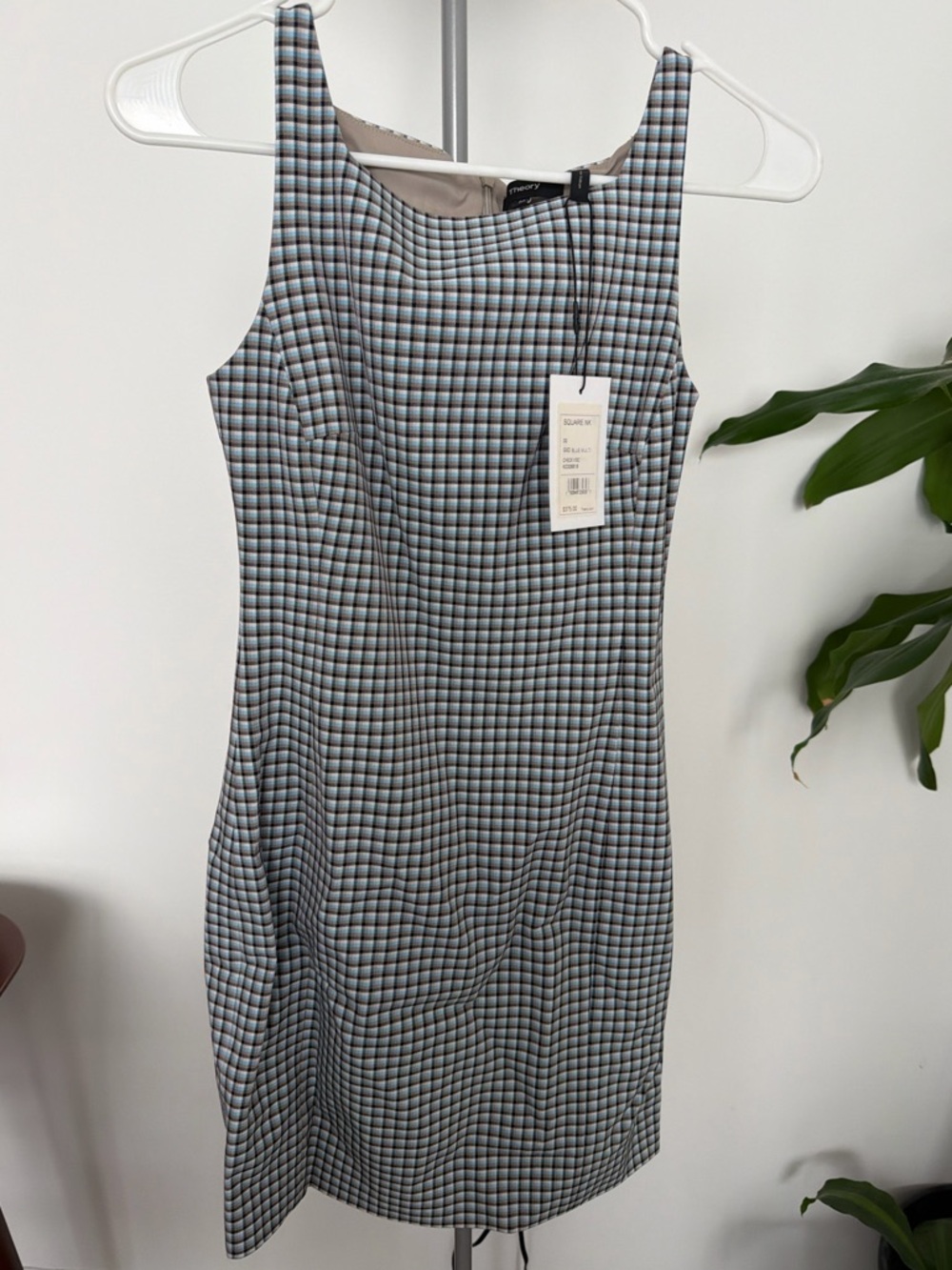 NWT Theory Sleeveless Square neck Check Sheath Dress in Blue
